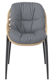 Frontalansicht eines Gartensessels mit grauem Polster und schwarzem Gestell.