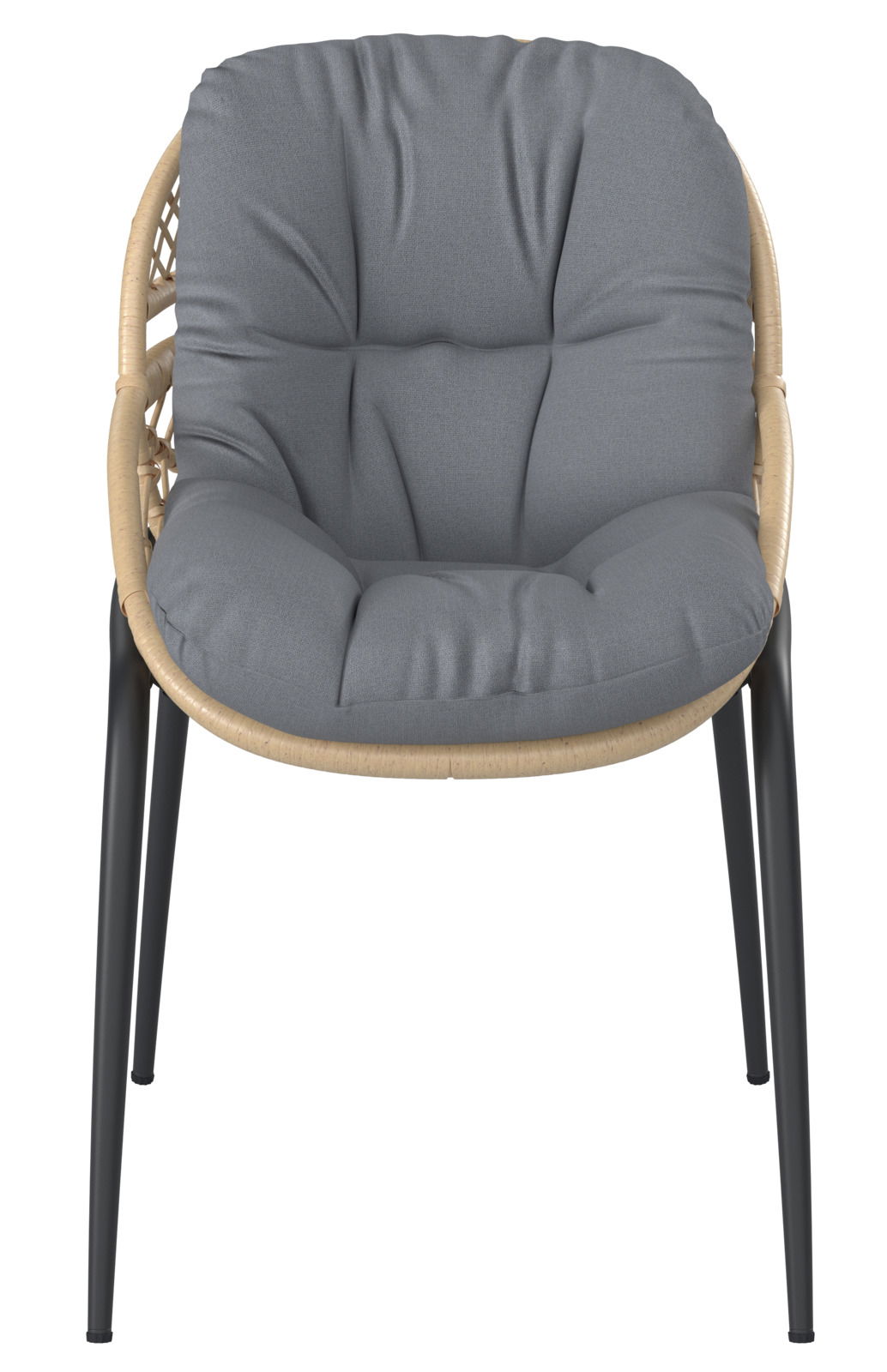 Frontalansicht eines Gartensessels mit grauem Polster und schwarzem Gestell.