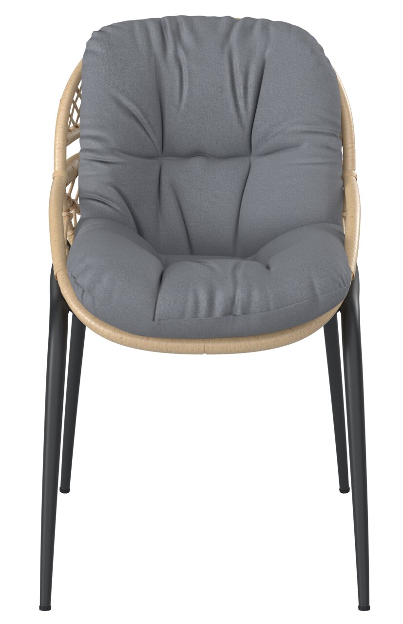 Frontalansicht eines Gartensessels mit grauem Polster und schwarzem Gestell.
