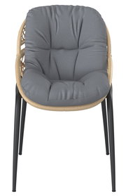 Frontalansicht eines Gartensessels mit grauem Polster und schwarzem Gestell.