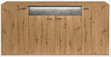 Frontansicht eines modernen Sideboards aus Holz mit vier Türen und einer beleuchteten Steinoptik in der Mitte.