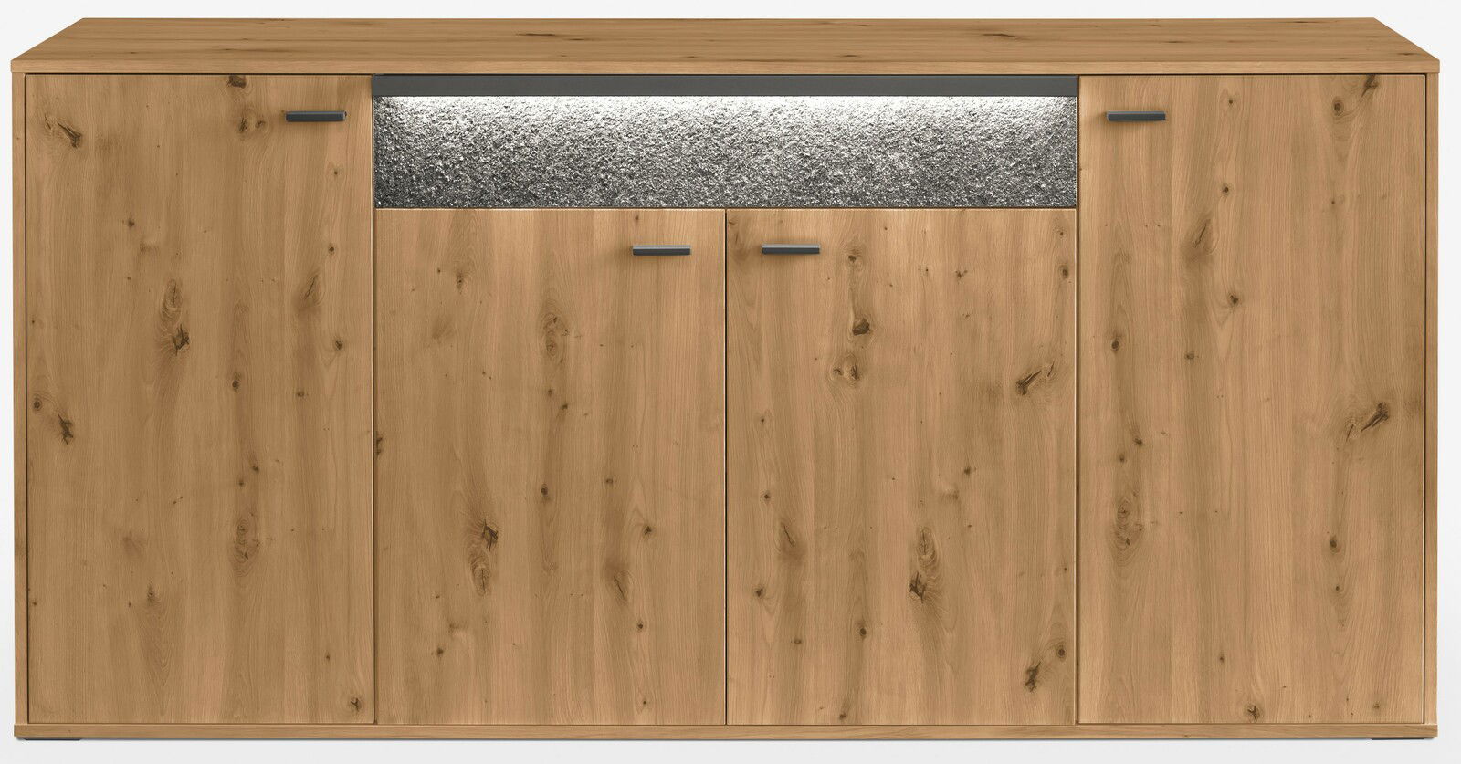 Frontansicht eines modernen Sideboards aus Holz mit vier Türen und einer beleuchteten Steinoptik in der Mitte.