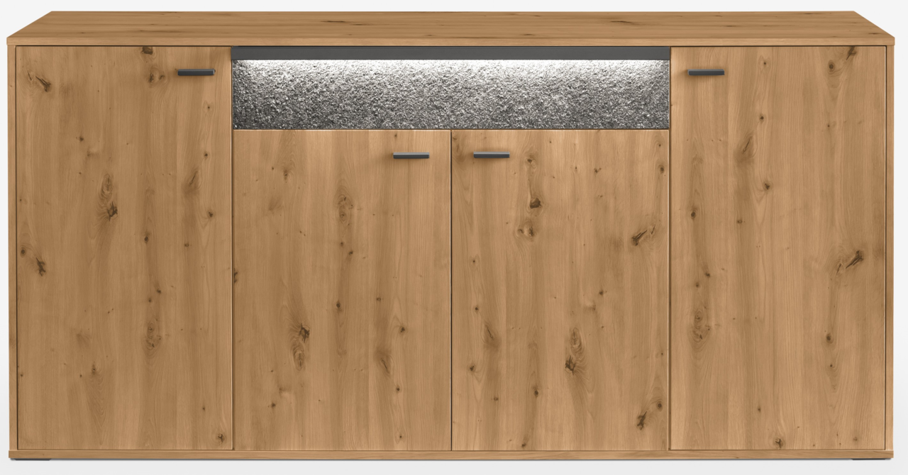 Frontansicht eines modernen Sideboards aus Holz mit vier Türen und einer beleuchteten Steinoptik in der Mitte.