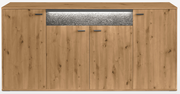 Frontansicht eines modernen Sideboards aus Holz mit vier Türen und einer beleuchteten Steinoptik in der Mitte.