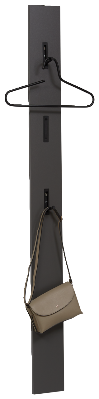 Voleo Garderobenpaneel UNIQUE Garderobenpaneel in dunklem Design mit Kleiderbügel und Handtasche, seitliche Perspektive