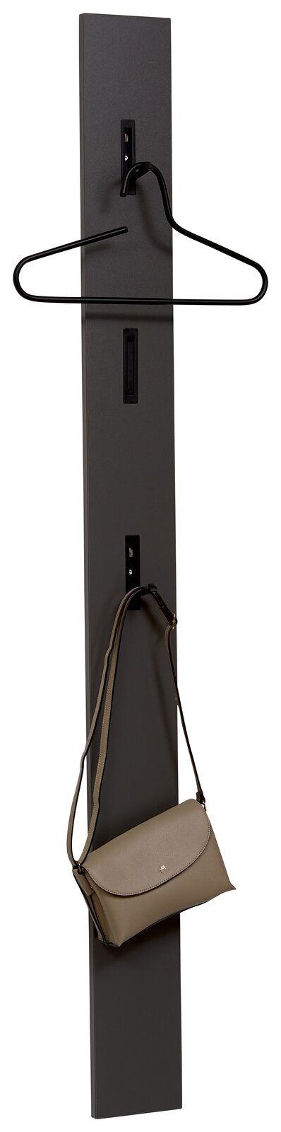 Voleo Garderobenpaneel UNIQUE Garderobenpaneel in dunklem Design mit Kleiderbügel und Handtasche, seitliche Perspektive