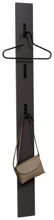 Garderobenpaneel in dunklem Design mit Kleiderbügel und Handtasche, seitliche Perspektive