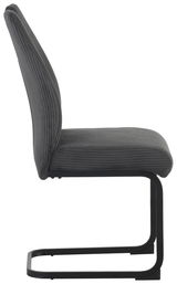 Seitenansicht eines grauen Schwingstuhls mit schwarzem Metallgestell.