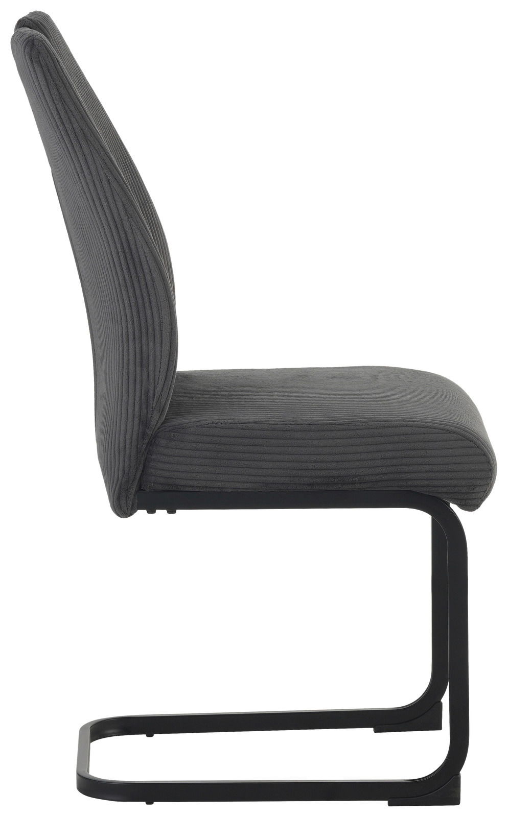 Seitenansicht eines grauen Schwingstuhls mit schwarzem Metallgestell.