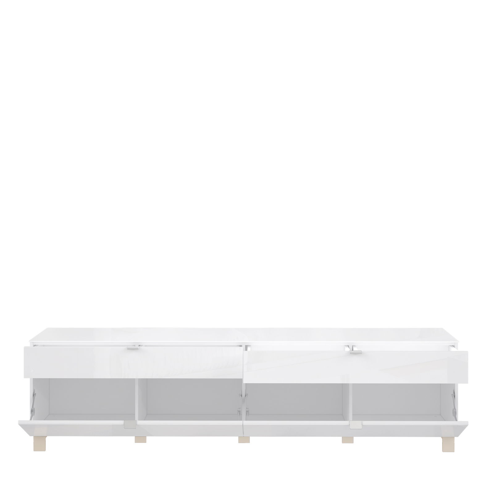 Weißes TV-Lowboard mit glänzender Oberfläche, Frontansicht