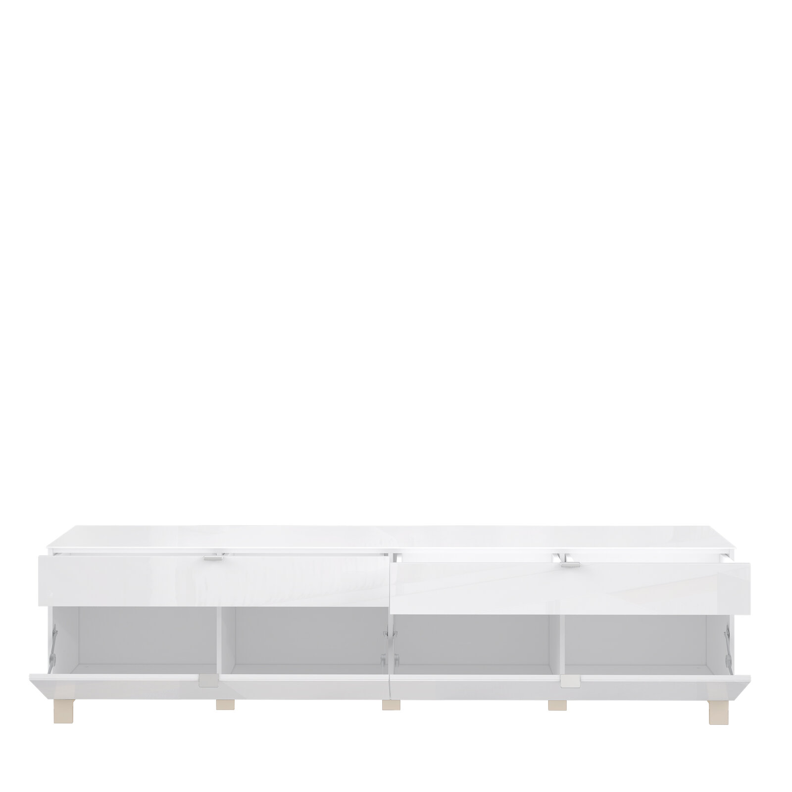 Weißes TV-Lowboard mit glänzender Oberfläche, Frontansicht