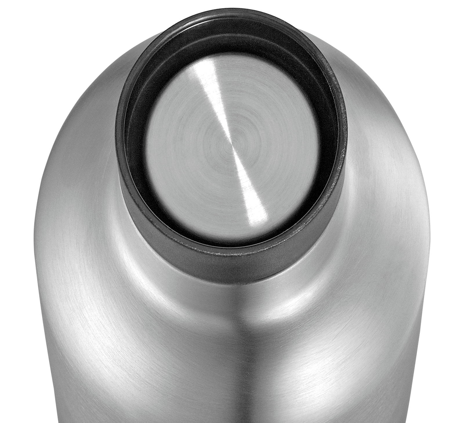 Ansicht von oben auf eine silberne Isoliertrinkflasche mit schwarzem Rand.