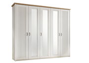 Fünf-türiger Kleiderschrank in Weiß mit Holzoberfläche und Spiegeln, Frontalansicht