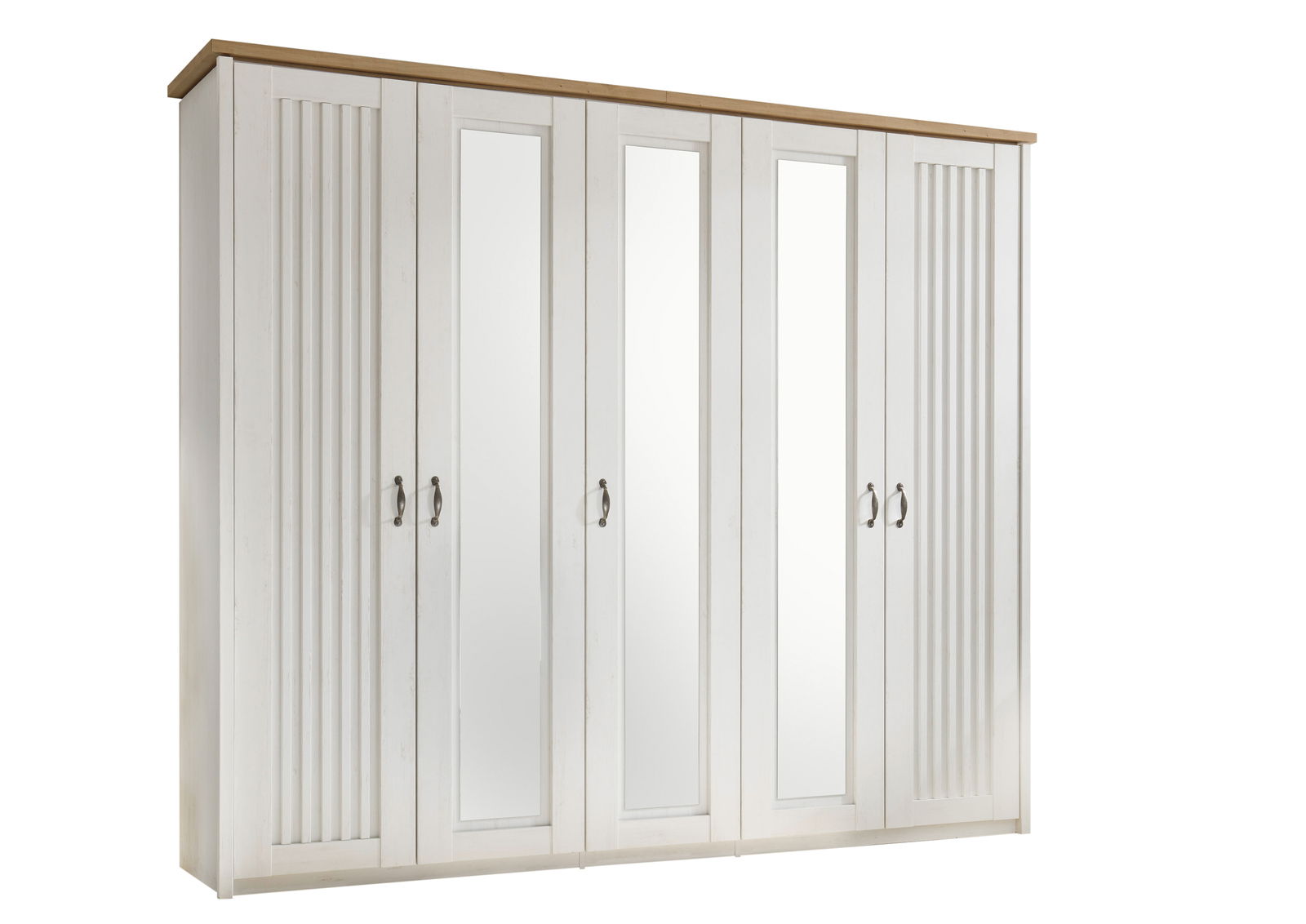 Fünf-türiger Kleiderschrank in Weiß mit Holzoberfläche und Spiegeln, Frontalansicht