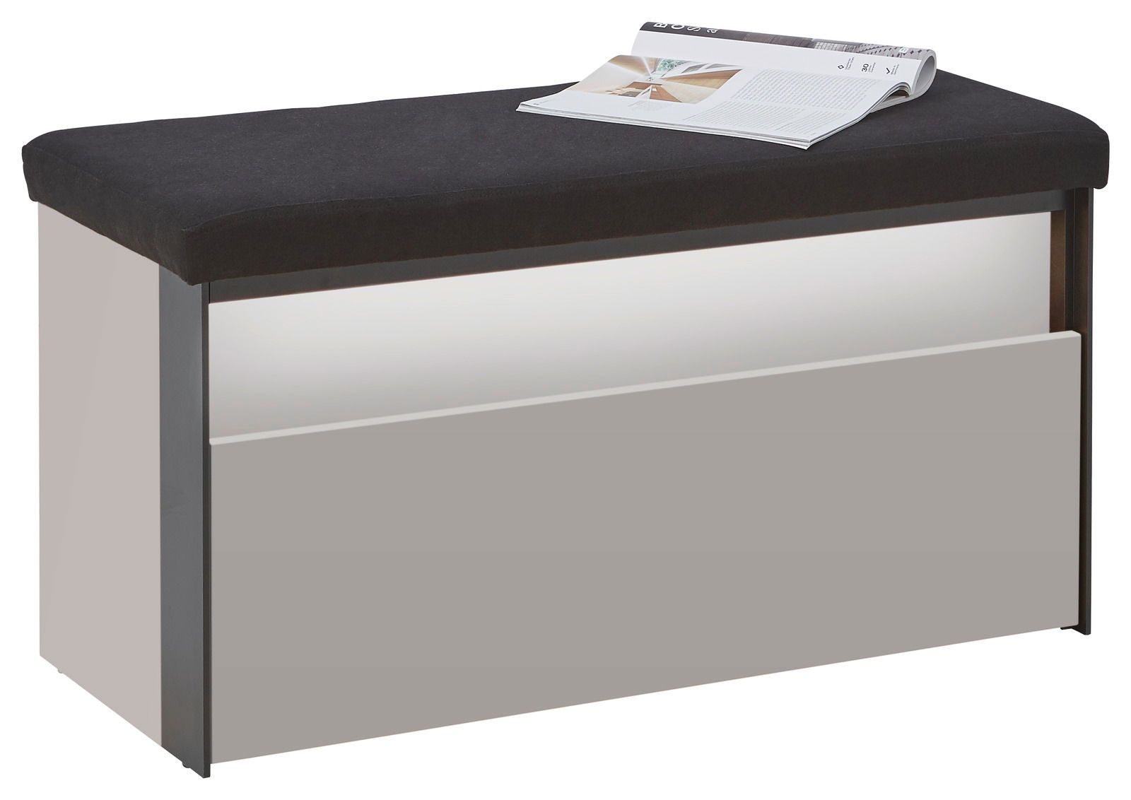 Garderobenbank mit schwarzer Sitzfläche und Stauraum, seitliche Perspektive