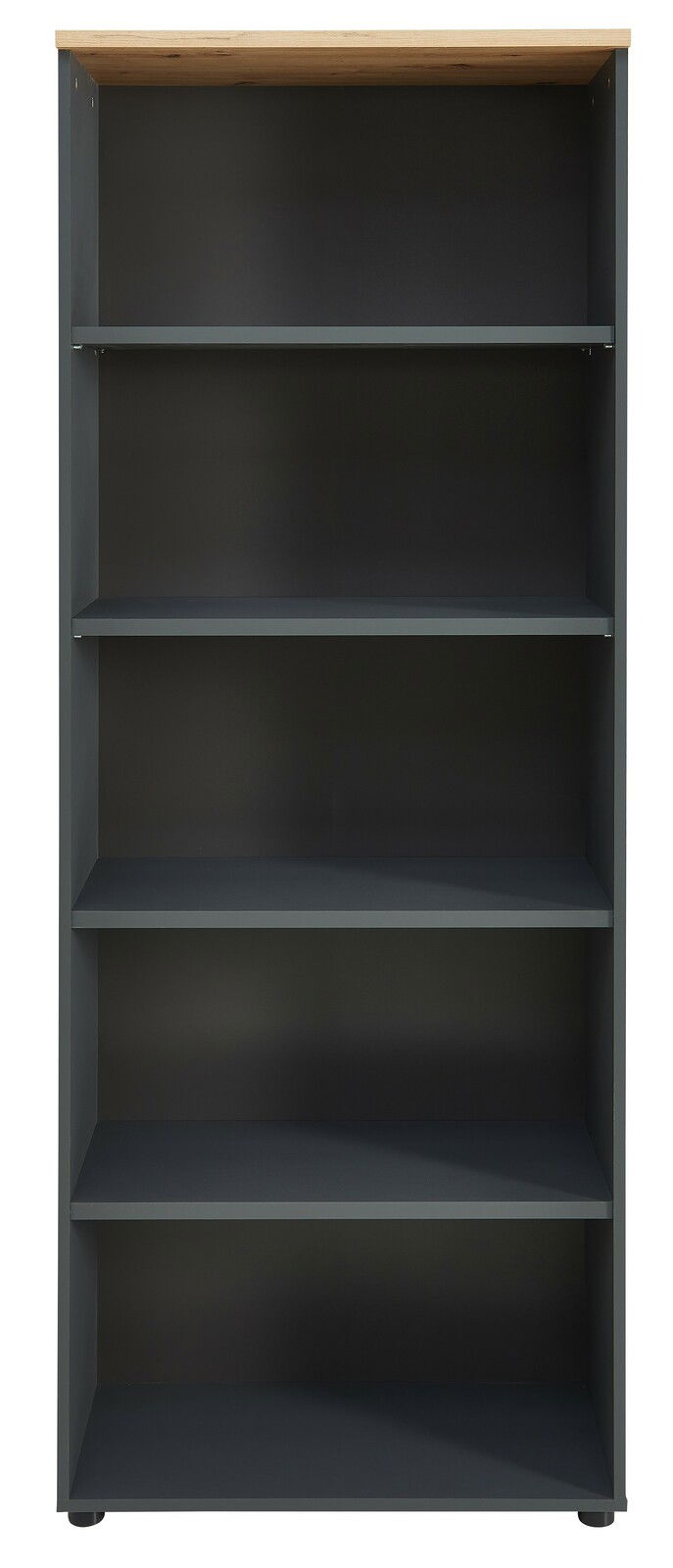 Frontale Ansicht eines modernen, hohen Regals mit fünf offenen Fächern und einer Holzoberfläche.