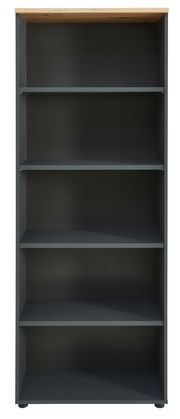 Frontale Ansicht eines modernen, hohen Regals mit fünf offenen Fächern und einer Holzoberfläche.