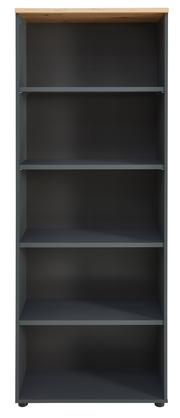 Frontale Ansicht eines modernen, hohen Regals mit fünf offenen Fächern und einer Holzoberfläche.