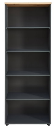 Frontale Ansicht eines modernen, hohen Regals mit fünf offenen Fächern und einer Holzoberfläche.