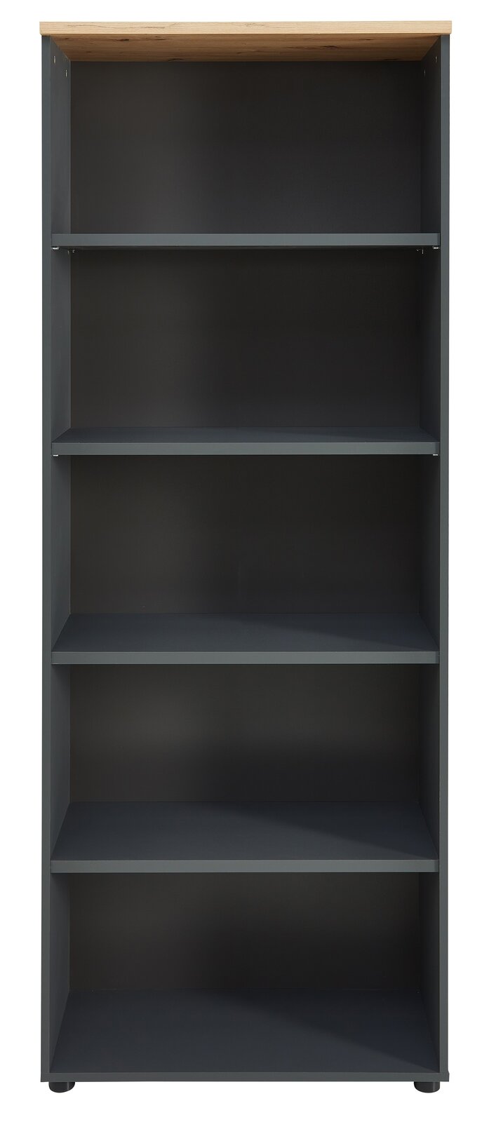 Frontale Ansicht eines modernen, hohen Regals mit fünf offenen Fächern und einer Holzoberfläche.