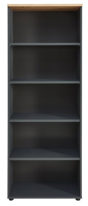 Frontale Ansicht eines modernen, hohen Regals mit fünf offenen Fächern und einer Holzoberfläche.