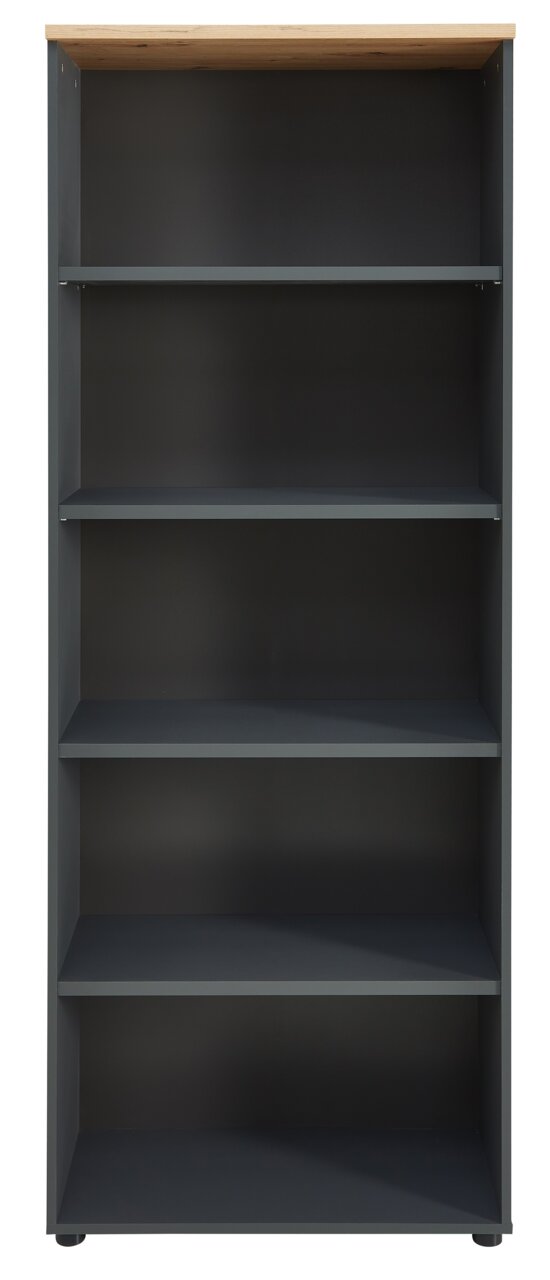 Vooraanzicht van een moderne, hoge kast met vijf open vakken en een houten afwerking.