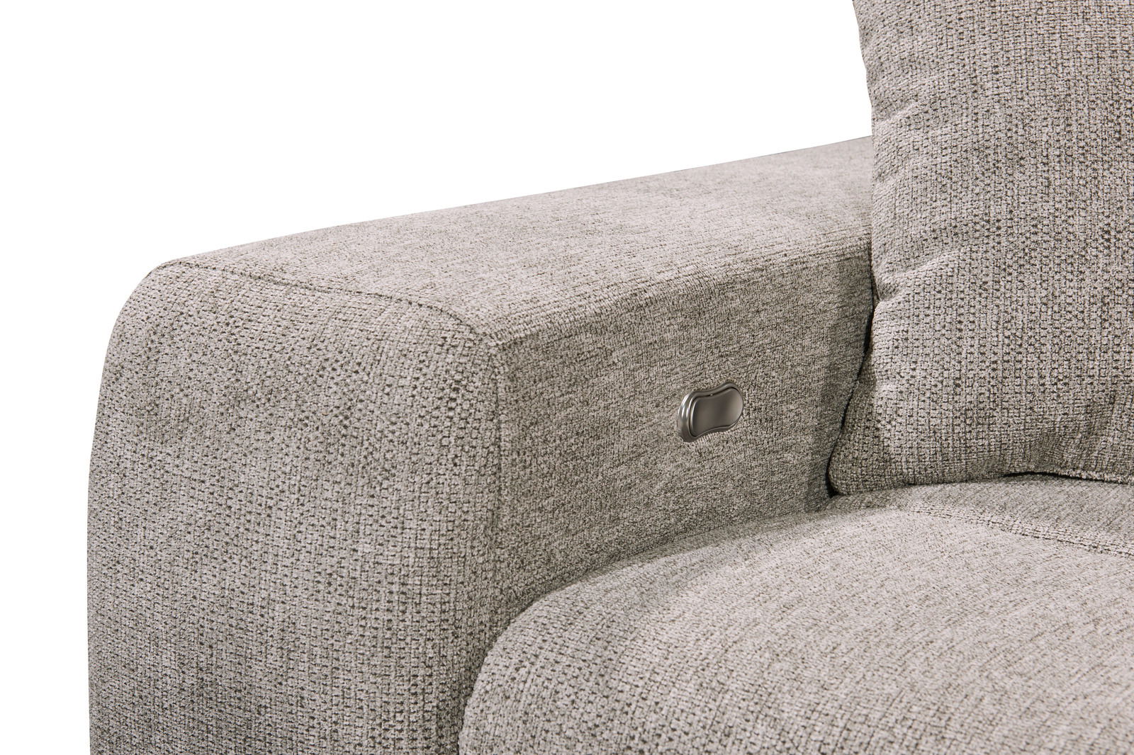 Nahaufnahme einer grauen Sofaecke mit strukturiertem Stoffbezug und einem eingebauten Knopf an der Armlehne, Perspektive von der Seite.