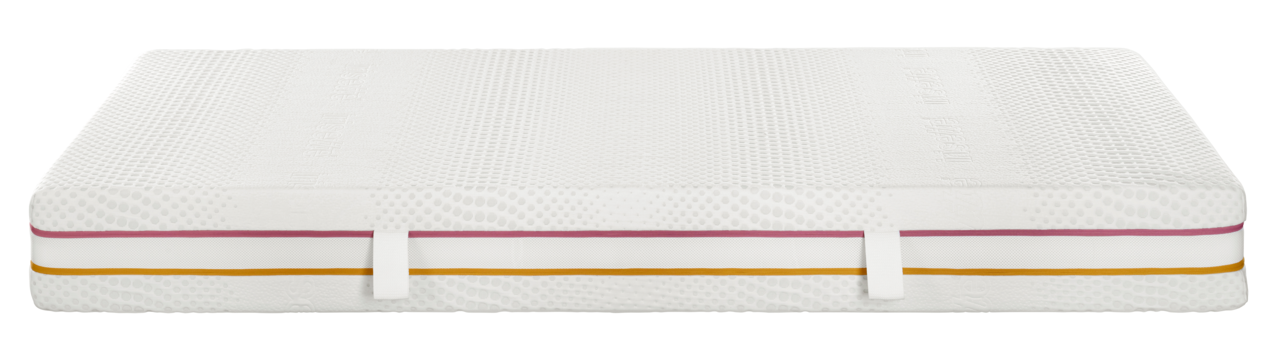 Seitenansicht einer weißen Matratze 140x200 mit farbigen Streifen in Pink und Gelb, geeignet für SOFT/MEDIUM Liegekomfort.