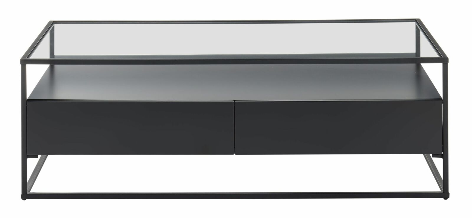 Moderner Couchtisch mit Glasplatte und schwarzem Metallrahmen, Frontansicht.