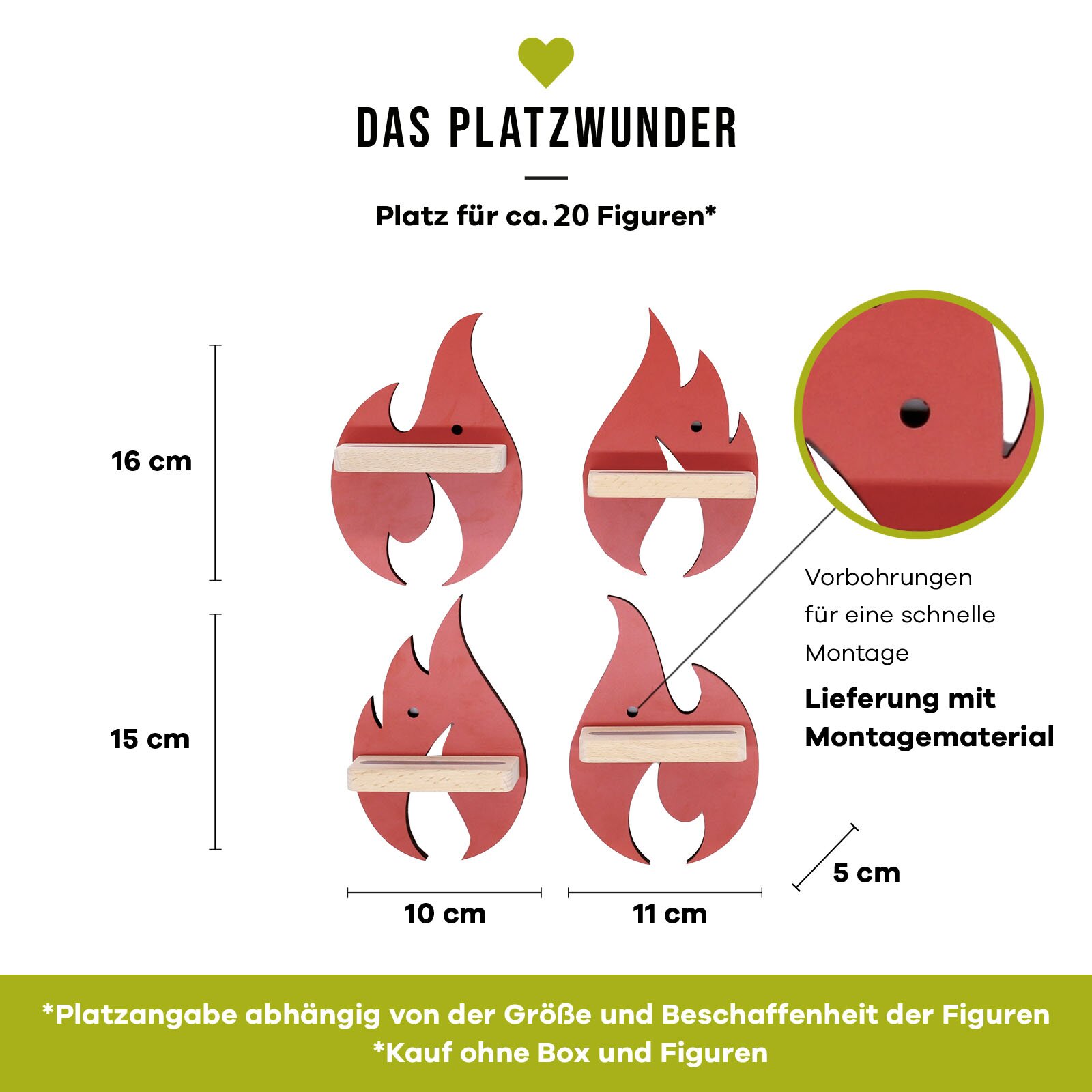 Produktansicht von vorn: vier rote, flammenförmige Wandregale/Displayhalter aus Holz mit hellen Ablageleisten, ca. 15–16 cm hoch und 10–11 cm breit, mit Vorbohrungen für schnelle Montage; Platz für ca. 20 Figuren (ohne Box und Figuren).