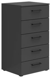 Schwarze Kommode mit fünf Schubladen, seitliche Perspektive