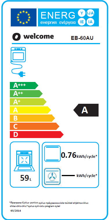 Energieeffizienzlabel für ein Küchengerät mit der Klasse A, Energieverbrauch von 0,76 kWh pro Zyklus und einem Fassungsvermögen von 59 Litern, frontal betrachtet.