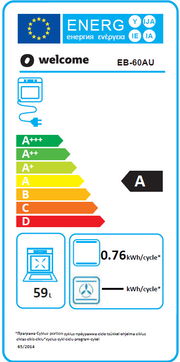 Energieeffizienzlabel für ein Küchengerät mit der Klasse A, Energieverbrauch von 0,76 kWh pro Zyklus und einem Fassungsvermögen von 59 Litern, frontal betrachtet.