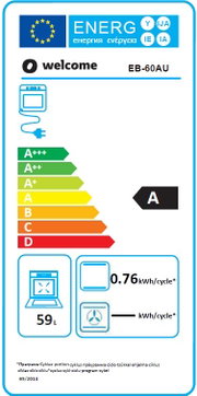 Energieeffizienzlabel für ein Küchengerät mit der Klasse A, Energieverbrauch von 0,76 kWh pro Zyklus und einem Fassungsvermögen von 59 Litern, frontal betrachtet.
