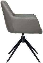 Moderner Armlehnstuhl in Seitenansicht mit grauem Lederbezug und schwarzem Metallgestell.