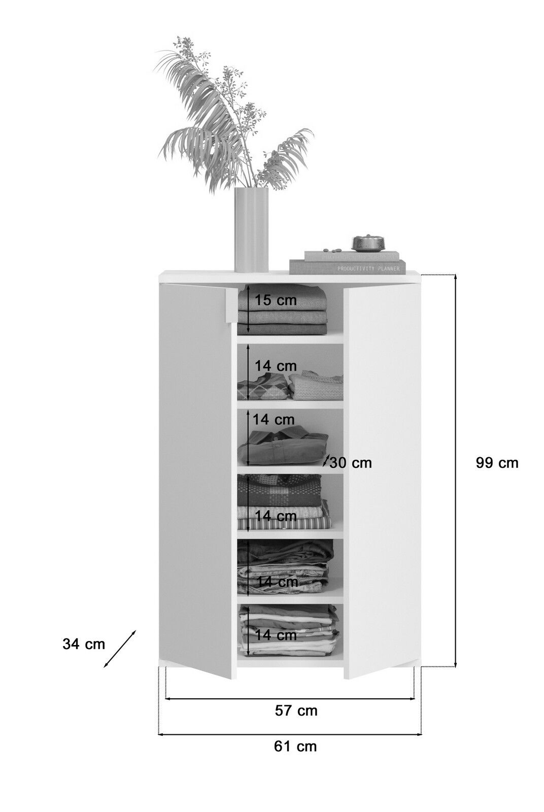Garderobenkombination mit fünf Regalfächern, gefüllt mit Kleidung, aus der Vorderansicht. Obenauf steht eine Vase mit Pflanzen und einige Bücher. Maße: 99 cm hoch, 61 cm breit, 34 cm tief.