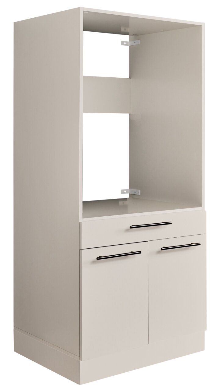 XORA Geräteschrank PRIMUS Weißer Küchen-Hochschrank mit offenem Gerätefach und zwei Türen unten, Frontansicht leicht schräg von links