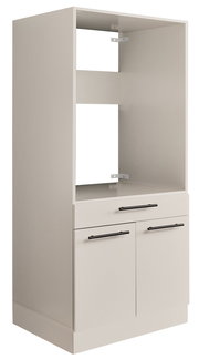 Weißer Küchen-Hochschrank mit offenem Gerätefach und zwei Türen unten, Frontansicht leicht schräg von links