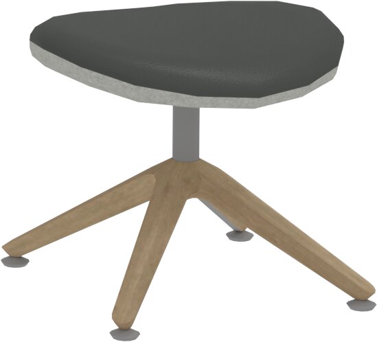 Moderner Hocker mit dreieckigem, gepolstertem Sitz in Schwarz und Holzbeinen, seitliche Perspektive