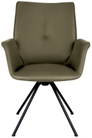 Moderne olijfgroene fauteuil met armleuningen en een zwart metalen frame, vooraanzicht