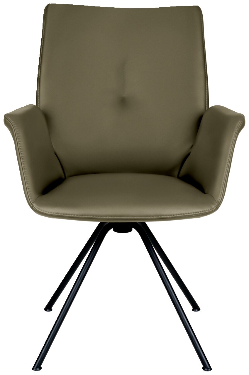Moderne olijfgroene fauteuil met armleuningen en een zwart metalen frame, vooraanzicht