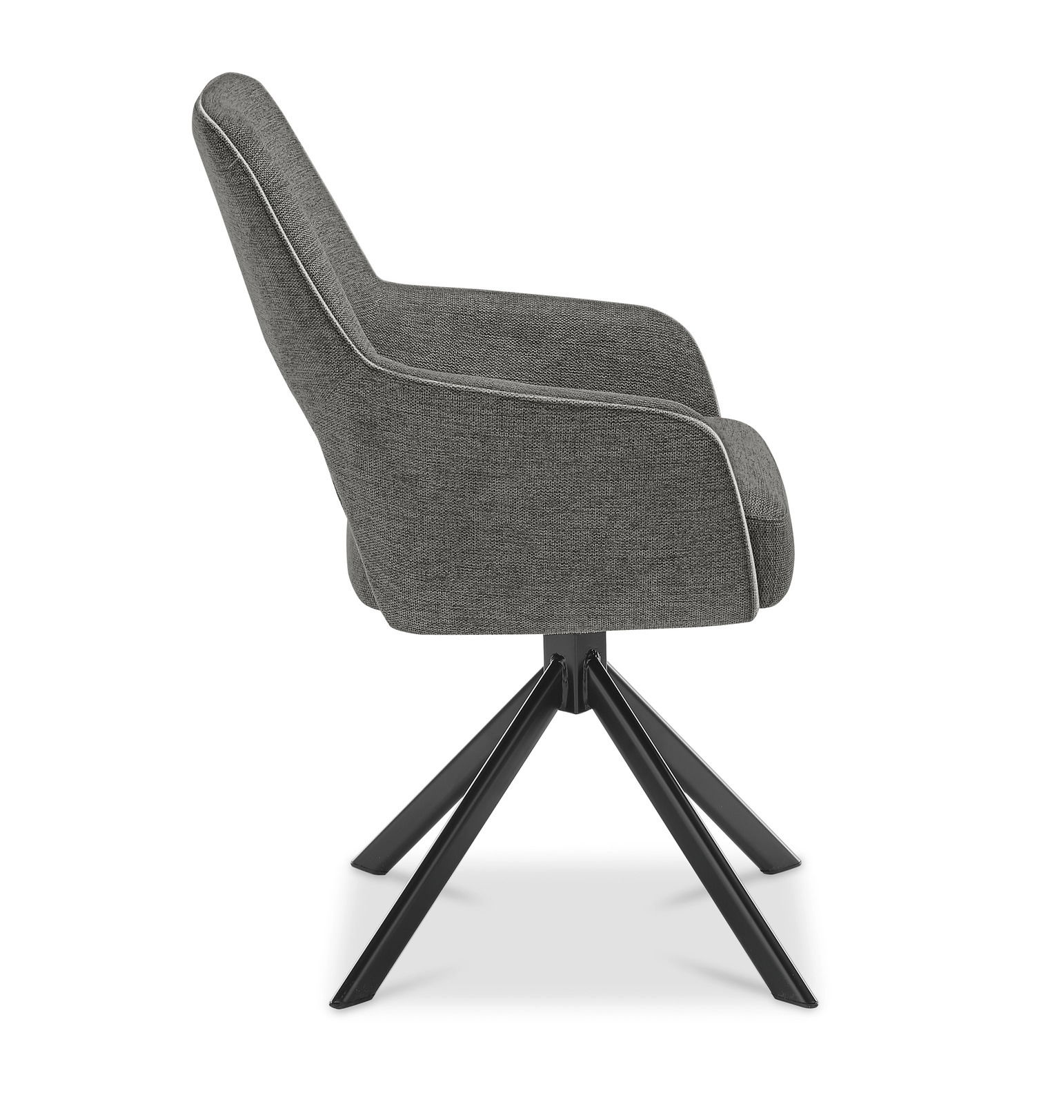 Grauer Armlehnstuhl mit schwarzem Metallgestell, seitliche Perspektive