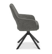 Grauer Armlehnstuhl mit schwarzem Metallgestell, seitliche Perspektive