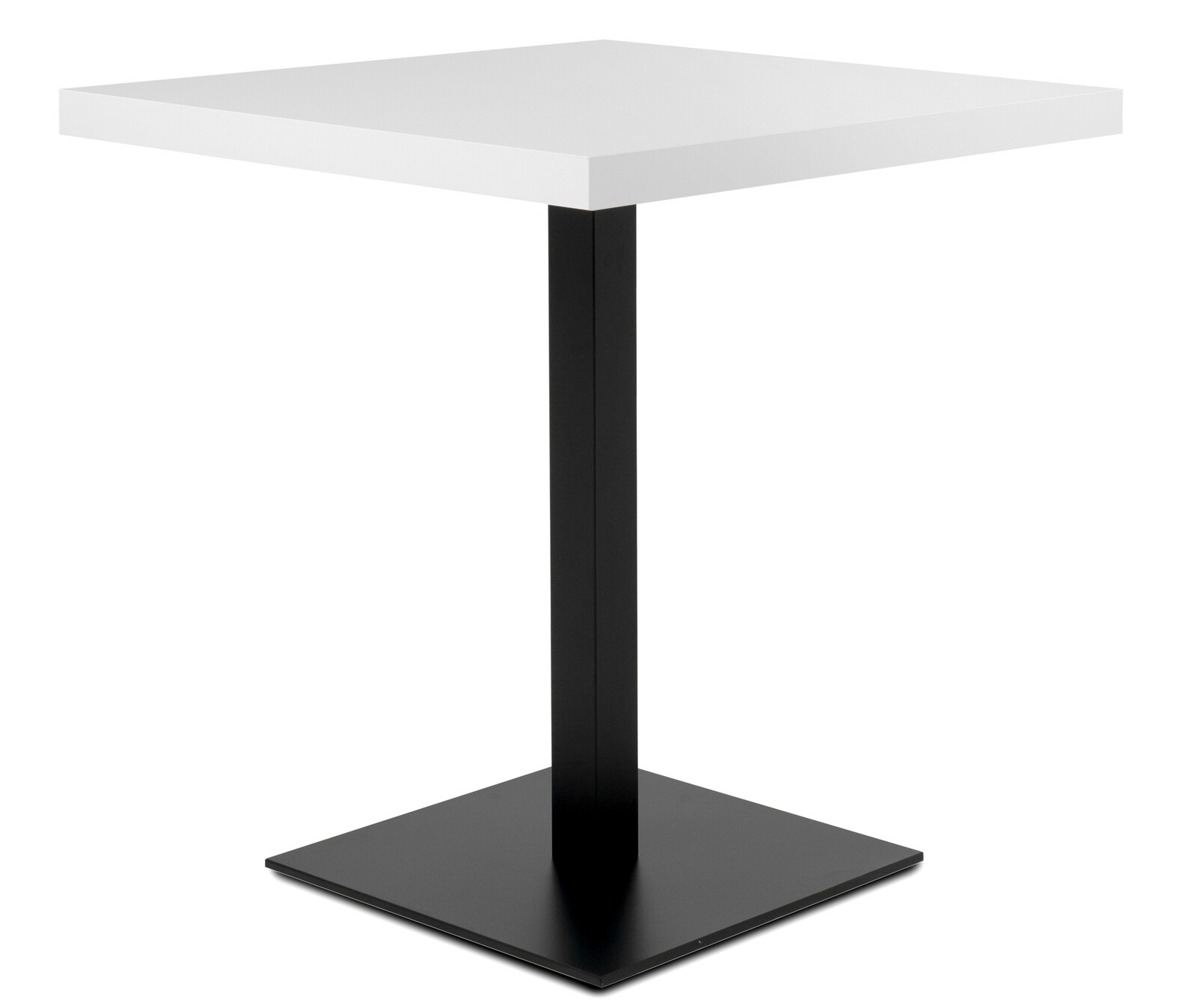 Moderner quadratischer Esstisch mit weißer Tischplatte und schwarzem Metallfuß, seitliche Perspektive.