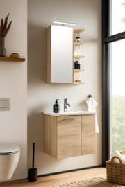 Modernes Waschtisch-Set aus Holz mit Spiegel und integriertem Waschbecken, seitliche Perspektive