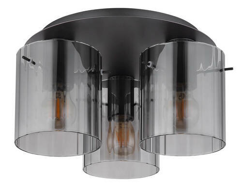 Moderne Deckenleuchte mit drei rauchgrauen Glasschirmen, von unten betrachtet.