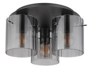 Moderne Deckenleuchte mit drei rauchgrauen Glasschirmen, von unten betrachtet.