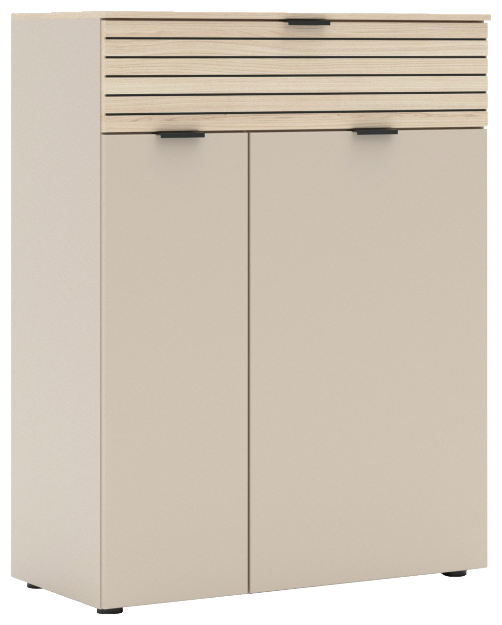 Moderner Schuhschrank in Beige mit Holzlamellen und schwarzen Griffen, seitliche Perspektive