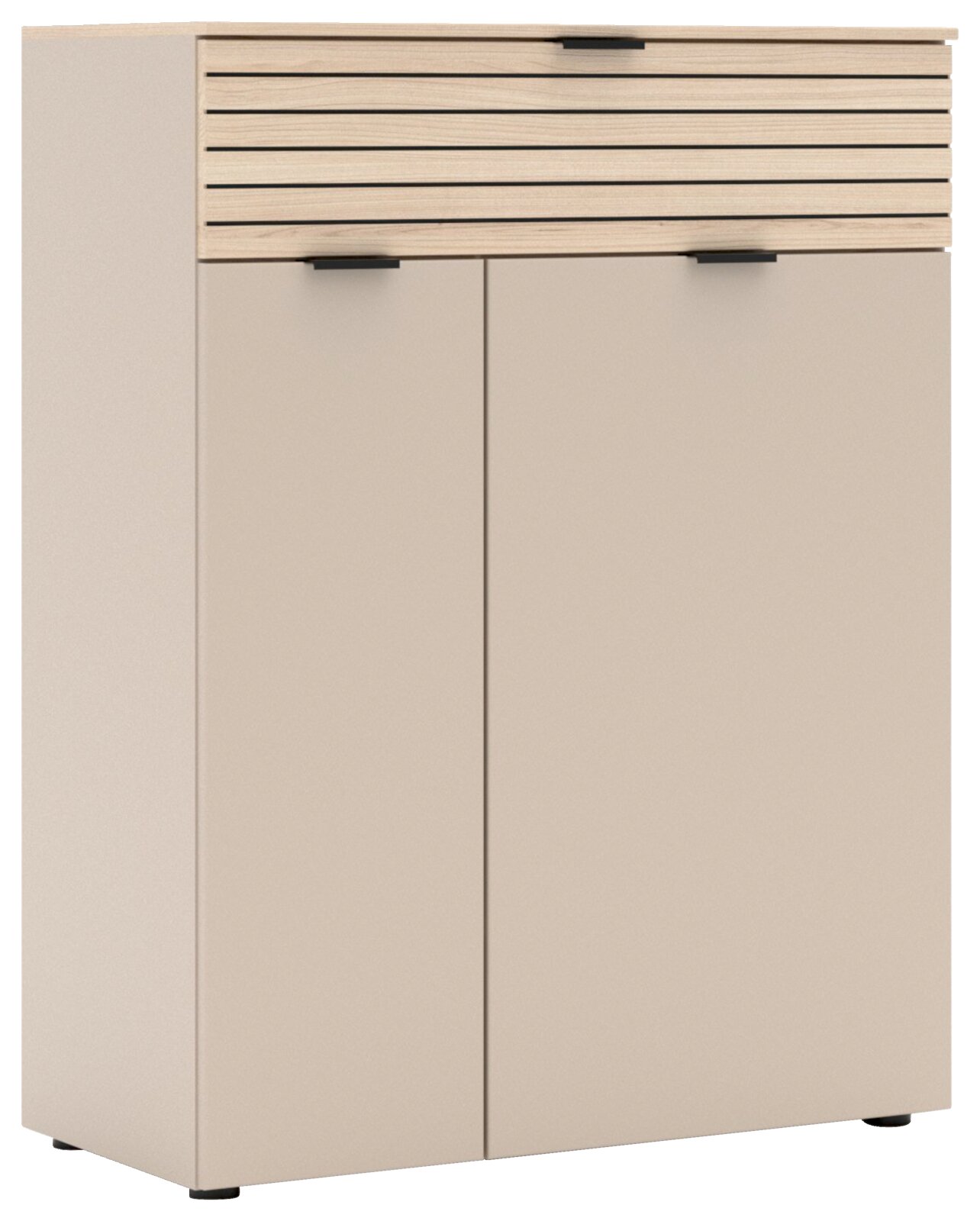 Voleo Schoenenkast INA Moderner Schuhschrank in Beige mit Holzlamellen und schwarzen Griffen, seitliche Perspektive