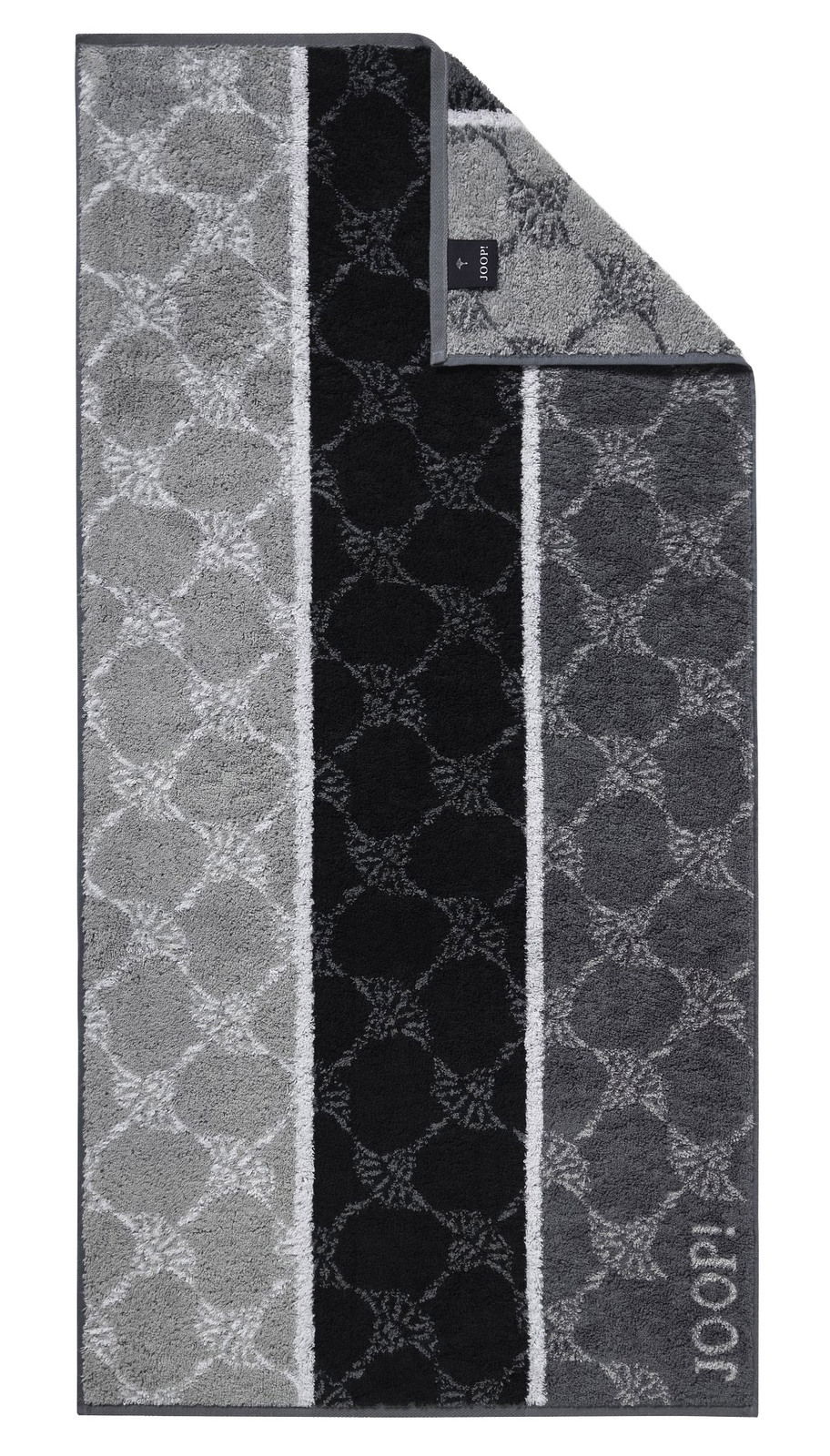 JOOP! Handtuch SIGNATURE Handtuch mit geometrischem Muster in Grautönen, von oben fotografiert.